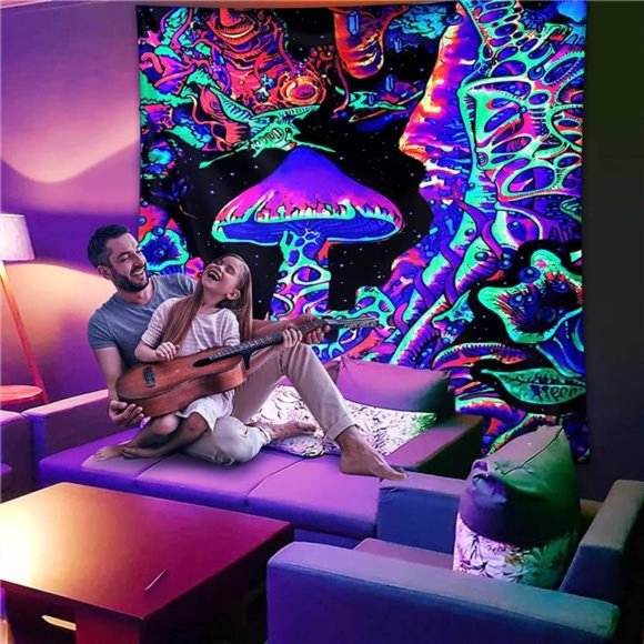 Blacklight Mushroom Tapestry Trippy Upright Tapestry Glow In The Dark UV - Picture 3 of 6